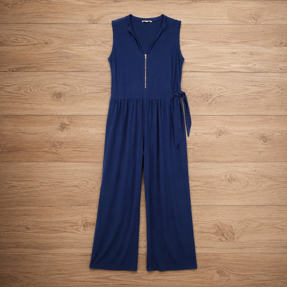 Gilli Navy Blue Sleeveless Half Zip Side Tie Wide Leg Jumpsuit Plus Size 1X